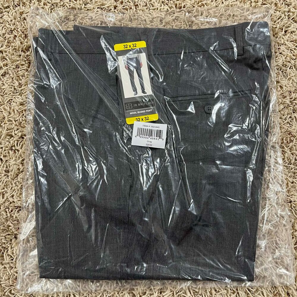 JB Britches Men's Wool Blend Flat Front Dress Pants Gray, Size 32x32 (New)